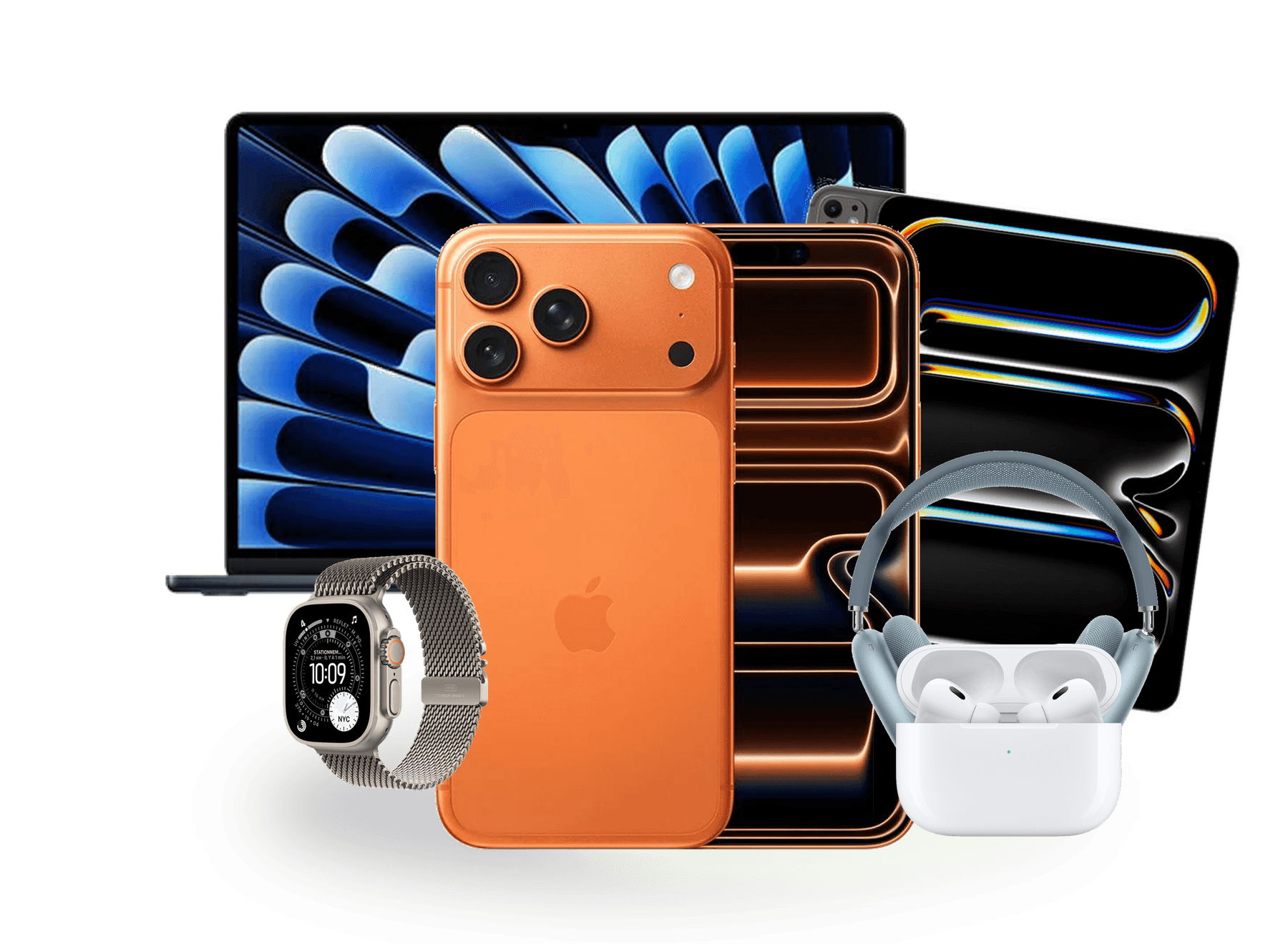 Familia de productos Apple disponibles en IZONE: iPhone, Mac, iPad, Watch y AirPods